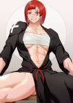  1girl abs absurdres bandages black_kimono blunt_bangs breasts chest_sarashi commentary highres japanese_clothes kimono kureshi_(hannzi) navel original red_hair sarashi scar scar_on_face short_hair sitting solo stomach thighs 