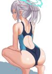  1girl absurdres animal_ear_fluff animal_ears back back_focus barefoot black_one-piece_swimsuit blue_archive blue_eyes competition_swimsuit cross_hair_ornament extra_ears grey_hair hair_ornament halo highres kein_hasegawa looking_at_viewer looking_back low_ponytail medium_hair mismatched_pupils multicolored_clothes multicolored_swimsuit official_alternate_costume one-piece_swimsuit shiroko_(blue_archive) shiroko_(swimsuit)_(blue_archive) simple_background solo squatting swimsuit white_background wolf_ears 