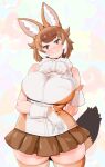  1girl animal_ears bare_shoulders blush bow breasts brown_hair dhole_(kemono_friends) dog_ears dog_girl dog_tail emil_(fafa) extra_ears gloves highres huge_breasts kemono_friends kemono_friends_3 looking_at_viewer multicolored_hair open_mouth shirt short_hair skirt sleeveless smile solo tail thick_thighs thighs two-tone_hair white_hair 