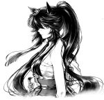  1girl animal_ears arms_at_sides bandaid bandaid_on_face bandaid_on_nose breasts chest_sarashi choker closed_mouth ear_ornament frown greyscale hadanugi_dousa highres horse_ears japanese_clothes kimono long_hair medium_breasts monochrome narita_brian_(heavenly_laughter_kaburaya)_(umamusume) narita_brian_(umamusume) obi ponytail sarashi sash single_bare_shoulder solo umamusume upper_body uruimu 