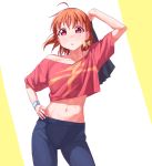  :o absurdres ahoge bangs bow braid commentary crop_top gamjolno hair_ornament hand_on_hip highres love_live! love_live!_sunshine!! midriff navel off-shoulder_shirt orange_hair pants red_eyes shirt side_braid solo sweatband sweatpants takami_chika yellow_bow 