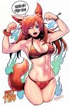  2017 :d abs animal_ears bangs bikini blue_eyes bracelet breasts brown_bikini brown_hair commentary_request flexing jewelry korean korean_commentary long_hair medium_breasts one_eye_closed open_mouth original pose psychicjin smile solo swept_bangs swimsuit tail translation_request wristband 