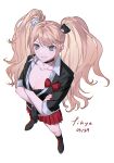  1boy artist_name bear_hair_ornament black_choker black_footwear black_necktie black_shirt blonde_hair blue_eyes bow breasts choker cleavage closed_mouth collarbone crossed_arms danganronpa:_trigger_happy_havoc danganronpa_(series) dated enoshima_junko from_above hair_ornament highres medium_breasts miniskirt necktie pleated_skirt red_bow red_nails red_skirt shirt shoes short_sleeves sihye_(sihye1202) skirt smile solo twintails 