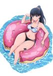  1girl absurdres bare_arms bare_legs bare_shoulders bikini black_hair blue_eyes blush breasts cleavage collarbone commentary_request curvy doughnut_innertube expressionless from_above full_body gridman_universe hair_behind_ear hair_ornament hair_scrunchie hand_up highres innertube long_hair looking_at_viewer medium_breasts nishizuki_shino orange_scrunchie ponytail pool scrunchie side-tie_bikini_bottom simple_background soaking_feet solo ssss.gridman striped_bikini striped_clothes swim_ring swimsuit takarada_rikka thick_thighs thigh_gap thighs water wet white_background 