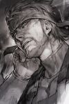  1boy bandana beard close-up facial_hair from_below hand_on_own_ear hungry_clicker looking_ahead metal_gear_(series) monochrome short_hair solid_snake solo 