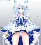  1girl animal_ears ass_visible_through_thighs blue_eyes blush cameltoe clothes_lift earrings embarrassed fairy_fencer_f fox_ears from_below gradient_background helvetica_std highres japanese_clothes jewelry karin_(fairy_fencer_f) kimono layered_clothes layered_kimono leaf long_hair looking_at_viewer miko obi open_mouth panties patreon_username sash skirt skirt_lift sleeves_past_wrists solo underwear upskirt very_long_hair white_hair white_kimono wind wind_lift 