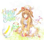  animal_ears brown_eyes brown_hair bunny_ears bunny_girl bunny_tail easter easter_egg egg hat iesupa long_hair rwby solo tail velvet_scarlatina 