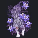  angry animal animal_focus blue_eyes dark_background fangs flower full_body looking_at_viewer no_humans norapotwora open_mouth original purple_flower tiger top-down_bottom-up white_tiger 