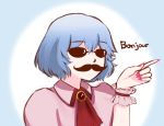  ascot bangs blue_hair brooch commentary eyebrows_visible_through_hair facial_hair fake_facial_hair fake_mustache french gradient gradient_background gradient_hair jewelry mugo_(mugokii) multicolored_hair mustache pointing pointing_finger red_neckwear remilia_scarlet short_hair solo sunglasses touhou upper_body wrist_cuffs 