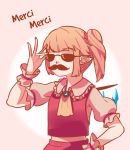  ascot bangs blonde_hair brooch collar commentary eyebrows_visible_through_hair facial_hair fake_facial_hair fake_mustache flandre_scarlet french frilled_collar frilled_sleeves frills gradient gradient_background highres jewelry mustache pointy_ears red_vest shirt short_hair short_ponytail side_ponytail solo standing sunglasses touhou upper_body vest white_shirt wings wrist_cuffs yoruny 