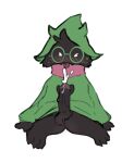 anthro balls black_body bodily_fluids bovid caprine clothed clothing cum deltarune digital_media_(artwork) eyewear fur genital_fluids genitals glasses goat hat headgear headwear hi_res katla_(artist) male mammal penis ralsei scarf simple_background sitting solo tongue undertale_(series)