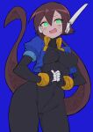  1girl absurdres aile_(mega_man_zx) black_bodysuit blue_background blue_jacket blush bodysuit bodysuit_under_clothes breasts brown_hair buzzlyears covered_collarbone covered_navel cropped_jacket glowing green_eyes highres jacket long_hair looking_up medium_breasts mega_man_(series) mega_man_zx mega_man_zx_advent nervous no_pants open_clothes open_jacket ponytail ringed_eyes robot_ears simple_background solo 