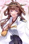  1girl absurdres ahoge black_skirt brown_hair commentary_request double_bun gold_hairband hair_bun hairband headgear highres jacket jacket_on_shoulders japanese_clothes kantai_collection kongou_(kancolle) kongou_kai_ni_(kancolle) military_jacket nontraditional_miko open_mouth panda_(heart_sink) popped_collar purple_eyes skirt smile solo tree upper_body 