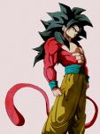  1boy biceps black_hair blue_sash blue_wristband body_fur closed_mouth dragon_ball dragon_ball_gt highres looking_at_viewer male_focus monkey_boy monkey_tail muscular muscular_male no_nipples pants pato007711 red_fur saiyan sash simple_background solo son_goku spiked_hair super_saiyan super_saiyan_4 tail yellow_pants 