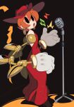  1girl absurdres captain_kirb dress extra_eyes eye_socket gloves hat highres mechanical_arms music musical_note open_mouth orange_hair peacock_(skullgirls) red_dress red_eyes sharp_teeth short_hair simple_background singing skullgirls solo standing teeth top_hat white_gloves 