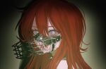  1girl blood blood_on_face blue_eyes bright_pupils collar fangs highres long_hair looking_at_viewer muzzle open_mouth original portrait red_hair riroi_(rntr_ll) solo spiked_collar spikes 