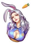  animal_ears artist_name blue_shirt breasts bunny bunny_ears bursting_breasts buttons carrot cleavage collared_shirt fogriver food head_tilt humanization judy_hopps large_breasts long_hair parted_lips police police_badge police_uniform policewoman purple_eyes shirt silver_hair simple_background smile solo undersized_clothes uniform upper_body vegetable white_background zootopia 