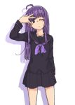  ahoge commentary_request highres kazami_nobuko long_hair long_sleeves looking_at_viewer one_eye_closed original oteruko_(wanabeee) pleated_skirt purple_eyes purple_hair school_uniform skirt solo uniform very_long_hair 