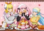  3girls anna_crown blonde_hair blue_hair cake chef cream_puff cup facial_mark food lemon_irvine long_hair love_cute mashle mixing_bowl multiple_girls necktie official_art pink_eyes pink_hair red_necktie smile teapot teeth twintails whisk yellow_eyes 