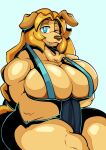 2024 anthro apsel_bluestar arm_tuft arm_under_breasts biceps big_breasts bird_dog blonde_hair blue_background braided_hair braided_ponytail breast_rest breast_squeeze breast_squish breasts canid canine canis chest_tuft clothing crossed_arms dog_knight_rpg domestic_dog elbow_tuft female floppy_ears fur golden_retriever hair hi_res huge_breasts hunting_dog jeane_(ceehaz) long_hair looking_at_viewer mammal muscular muscular_female one-piece_swimsuit one_eye_closed ponytail retriever simple_background sitting skindentation sling_bikini smile snaggle_tooth solo squeezing squish swimwear tan_body tan_fur thick_thighs tuft wide_hips wink winking_at_viewer