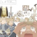  1boy afterimage ascending blurry blurry_foreground commentary constricted_pupils crawling crazy crazy_eyes crying death dungeon_meshi english_commentary english_text face_down highres laios_thorden male_focus planted planted_sword short_hair speech_bubble spotlight sword tantrum trudlejack weapon 
