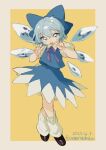  1girl black_footwear blue_bow blue_bowtie blue_dress blue_eyes blue_hair border bow bowtie canariadraw cirno collar collared_shirt commentary crossed_legs dated double_v dress fairy hair_bow hashtag_only_commentary highres ice ice_wings looking_at_viewer loose_socks medium_hair open_mouth puffy_short_sleeves puffy_sleeves purple_ribbon ribbon shirt short_sleeves socks touhou twitter_username v white_border white_collar white_shirt white_socks wings yellow_background 