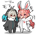  2boys animal_ear_hood animal_ears animal_hood antenna_hair aqua_bow astolfo_(fate) blue_bow blush bow braid closed_mouth deformed fake_animal_ears fake_tail fang fate/apocrypha fate_(series) fur-trimmed_collar fur_trim grey_hair hair_between_eyes hair_bow hand_up haoro holding_hands hood leg_up long_braid long_hair lop_rabbit_ears male_focus multiple_boys onesie open_mouth pink_bow pink_hair purple_eyes rabbit_ears rabbit_hood rabbit_tail red_eyes short_hair sieg_(fate) simple_background single_braid skin_fang smile tail very_long_hair white_background zipper 