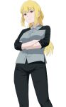  1girl arms_under_breasts black_pants black_sleeves blonde_hair breasts closed_mouth collared_shirt commentary_request cross-shaped_pupils crossed_arms grey_shirt highres indonesian_commentary laras_(roh_anima) long_hair looking_at_viewer medium_breasts orange_eyes original pants roh_anima shirt sidelocks solo standing symbol-shaped_pupils thick_eyebrows upper_body 