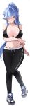  1girl absurdres bare_arms bare_shoulders black_bra black_leggings black_pants blue_eyes blue_hair blush bra breasts character_pria cleavage closed_mouth collarbone commission drawstring earrings full_body high_ponytail highleg highres jewelry large_breasts leggings long_hair looking_at_viewer mindoll navel no_shirt nose_blush original panties pants panty_straps ponytail second-party_source shoes sidelocks simple_background skindentation sneakers solo standing stomach string_panties sweat thigh_gap underwear very_long_hair white_background 