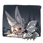  1girl :&lt; animal_ear_fluff animal_ears commentary_request fox_ears fox_girl fox_tail grey_hair hair_between_eyes highres lantern long_hair looking_at_viewer night nude onsen original outdoors parted_lips red_eyes solo tail towel towel_on_head triangle_mouth very_long_hair yuuji_(yukimimi) 
