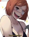  1girl artist_name black_bra bob_cut bra breasts brown_eyes collarbone english_text eyepatch funi_xd highres jujutsu_kaisen kugisaki_nobara large_breasts looking_at_viewer medical_eyepatch open_mouth orange_hair patreon_logo patreon_username scar scar_across_eye short_hair simple_background smile solo sparkle subtitled swept_bangs talking tongue underwear upper_body white_background 