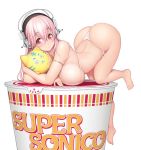  ass bikini blush brand_name_imitation breasts cleavage commentary_request cup cup_ramen headphones large_breasts long_hair looking_at_viewer nitroplus pink_eyes pink_hair skindentation smile solo stuffed_toy super_sonico swimsuit thong_bikini tsuji_santa white_bikini 