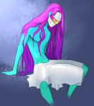  big_bulge bulge hair himerosthegod humanoid long_hair male mask muscular not_furry pink_hair radon_(himeros) simple_background solo teal_skin towel wet 