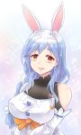  1girl animal_ear_fluff animal_ears apron black_bodysuit blue_hair bodysuit braid braided_ponytail colonel_aki detached_sleeves highres hololive long_hair looking_at_viewer mature_female multicolored_hair pekomama rabbit_ears rabbit_girl red_eyes short_eyebrows smile solo streaked_hair virtual_youtuber white_apron white_hair white_sleeves 