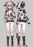  1boy ahoge animal_ear_hood animal_hood animal_print ass black_socks blush bottomless closed_mouth collar cow_horns cow_print cow_tail dot_mouth ear_tag fate/apocrypha fate_(series) from_behind grey_background grey_hair hair_intakes hand_on_own_chest haoro highres holding_own_tail hood hoodie horns looking_at_viewer male_focus mary_janes multiple_views open_mouth partially_unzipped penis red_collar red_eyes shoes short_hair sieg_(fate) simple_background small_penis socks standing tail testicles two-tone_hoodie white_footwear white_hoodie 