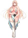  blonde_hair breasts dress elf forehead_jewel glowing_tattoo gold_choker highres huge_breasts long_hair mage_staff mature_female ninoko no_bra no_panties original pointy_ears pubic_tattoo revealing_clothes tattoo thick_thighs thighhighs thighs white_dress white_thighhighs 