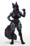 2024 absurd_res ahoge anthro armor barefoot big_breasts black_body black_fur black_hair bodysuit breasts canid canine canis chest_tuft clothing digitigrade eyebrows feet female fur gesture hair hand_gesture hand_on_hip hi_res inner_ear_fluff looking_at_viewer mammal navel_outline pgm300 shoulder_guards skinsuit smile solo thumbs_up tight_clothing tuft wolf yellow_eyes