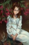  blurry blurry_foreground branch brown_hair closed_eyes closed_mouth commentary depth_of_field doll dress hands_clasped highres light_smile litra_(ltr0312) long_hair long_sleeves original own_hands_together sitting solo white_dress 