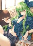  :p bangs blue_shirt blush bow bracelet breasts c.c. cleavage code_geass collarbone collared_shirt creayus eyebrows_visible_through_hair food green_hair hair_bow hair_ornament jewelry legs_up long_hair looking_at_viewer medium_breasts nail_polish navel open_fly pizza ring shirt short_shorts shorts sleeve_cuffs solo striped striped_shirt tongue tongue_out yellow_eyes 