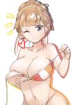  areola_slip areolae bikini blown_kiss breasts brown_hair cleavage colored_shadow grey_eyes hair_bun heart highres large_breasts miyake_hinata multicolored multicolored_bikini multicolored_clothes navel one_eye_closed orange_bikini red_bikini shadow solo sora_yori_mo_tooi_basho strap striped striped_bikini swimsuit undressing untied untied_bikini white_background white_bikini wo_jianqiang_fu_guo 