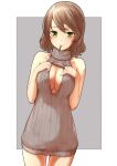  1girl alice_gear_aegis blush breasts brown_hair cleavage cleavage_cutout clothing_cutout commentary_request dress food food_in_mouth green_eyes grey_sweater highres looking_at_viewer medium_breasts meme_attire mutsumura_ryuuichi onaga_akino pocky pocky_in_mouth smile solo sweater sweater_dress virgin_killer_sweater 