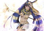  animal_ears arm_up bangle bracelet breasts dark_skin earrings egyptian egyptian_clothes facial_mark fate/grand_order fate_(series) highres holding holding_staff hoop_earrings jackal_ears jewelry large_breasts long_hair navel nitocris_(fate/grand_order) purple_eyes purple_hair revealing_clothes sidelocks skindentation solo staff toki_(dokitoki) twitter_username very_long_hair 