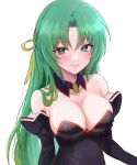  1girl angel_mort bare_shoulders black_dress blush breasts bright_pupils cleavage collarbone commentary_request detached_collar detached_sleeves diamond-shaped_pupils diamond_(shape) dress eyelashes green_eyes green_hair grin hair_between_eyes hair_over_shoulder hair_ribbon half_updo highres higurashi_no_naku_koro_ni juliet_sleeves large_breasts lips long_hair long_sleeves looking_at_viewer parted_bangs puffy_sleeves ribbon simple_background smile solo sonozaki_shion straight_hair strapless strapless_dress symbol-shaped_pupils tsurime upper_body very_long_hair white_background yellow_ribbon yuno_ff 