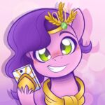 balychen_(artist) blush cellphone electronics equid equine female fur green_eyes hair hasbro headpiece hi_res hooves mammal mlp_g5 my_little_pony phone pink_body pink_fur pipp_petals_(mlp) portrait purple_hair scarf smartphone smile solo