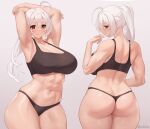  1girl abs alternate_muscle_size armpits arms_up ass bare_shoulders biceps blush breasts butt_crack hair_between_eyes highres iwbitu large_breasts long_hair looking_at_viewer muscular muscular_female navel original simple_background smile solo thong white_hair 