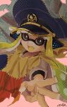  1girl :d agent_3_(splatoon) black_eyes black_headphones blonde_hair blue_hat blush bright_pupils cape cloak colored_tongue commentary_request fang gradient_hair green_hair halftone hat headphones highres inkling layered_shirt long_hair military_hat multicolored_cape multicolored_cloak multicolored_clothes multicolored_hair open_mouth outstretched_arm peaked_cap pink_background qzcewaxd shirt signature skin_fang smile solo splatoon_(series) splatoon_3 strap tentacle_hair torn_cloak torn_clothes twintails two-tone_hair upper_body w white_pupils white_shirt yellow_tongue 