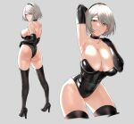  1girl 2b_(nier:automata) arm_behind_head arm_up armpits ass bare_shoulders black_hairband black_leotard breasts choker cleavage collarbone commentary elbow_gloves full_body geiger gloves grey_background hairband hands_up high_heels highleg highleg_leotard highres large_breasts leotard light_smile lips looking_back mole mole_under_mouth multiple_views nier:automata nier_(series) parted_lips shiny_clothes shiny_skin short_hair smile strapless strapless_leotard thigh_strap thighhighs thighs white_hair 