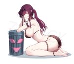  1girl absurdres ass barefoot bikini black_bikini clockz commentary_request highres honkai:_star_rail honkai_(series) kafka_(honkai:_star_rail) long_hair looking_at_viewer pink_bikini ponytail purple_eyes purple_hair simple_background sitting skindentation smile solo swimsuit thigh_strap thighs trash_can wariza white_background 