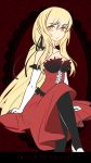 angelica_(k3lly) arm_support bangs black_legwear black_ribbon blonde_hair breasts cleavage closed_mouth dress eyebrows_visible_through_hair hair_between_eyes hair_ribbon highres kiss-shot_acerola-orion_heart-under-blade kizumonogatari lace_background long_hair looking_at_viewer medium_breasts monogatari_(series) pantyhose red_dress ribbon simple_background sitting solo strapless strapless_dress teenage twitch_username vampire very_long_hair yellow_eyes 