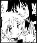  2girls akemi_homura black_border blush blush_stickers border bow bowtie clenched_teeth collared_capelet collared_shirt commentary_request furrowed_brow greyscale hair_ribbon hand_up high_collar juliet_sleeves kaname_madoka long_sleeves lowres magical_girl mahou_shoujo_madoka_magica mahou_shoujo_madoka_magica_(anime) mitakihara_school_uniform monochrome multiple_girls no+bi= portrait puffy_sleeves ribbon school_uniform shirt short_hair short_twintails sweatdrop teeth twintails upper_body 